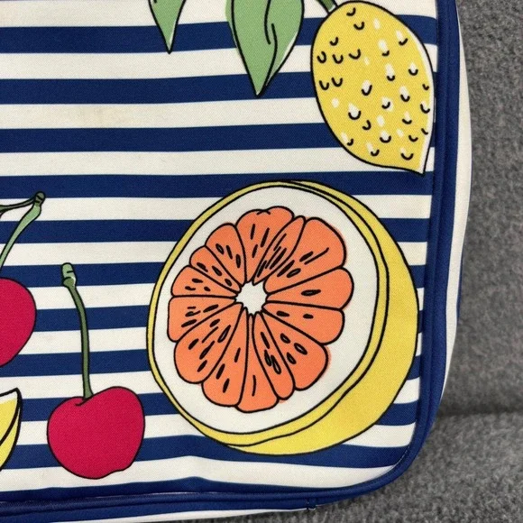 Tory Burch Cosmetic Bag Travel Toiletry Organizer Blue White Stripe Fruit Print - Picture 5 of 16